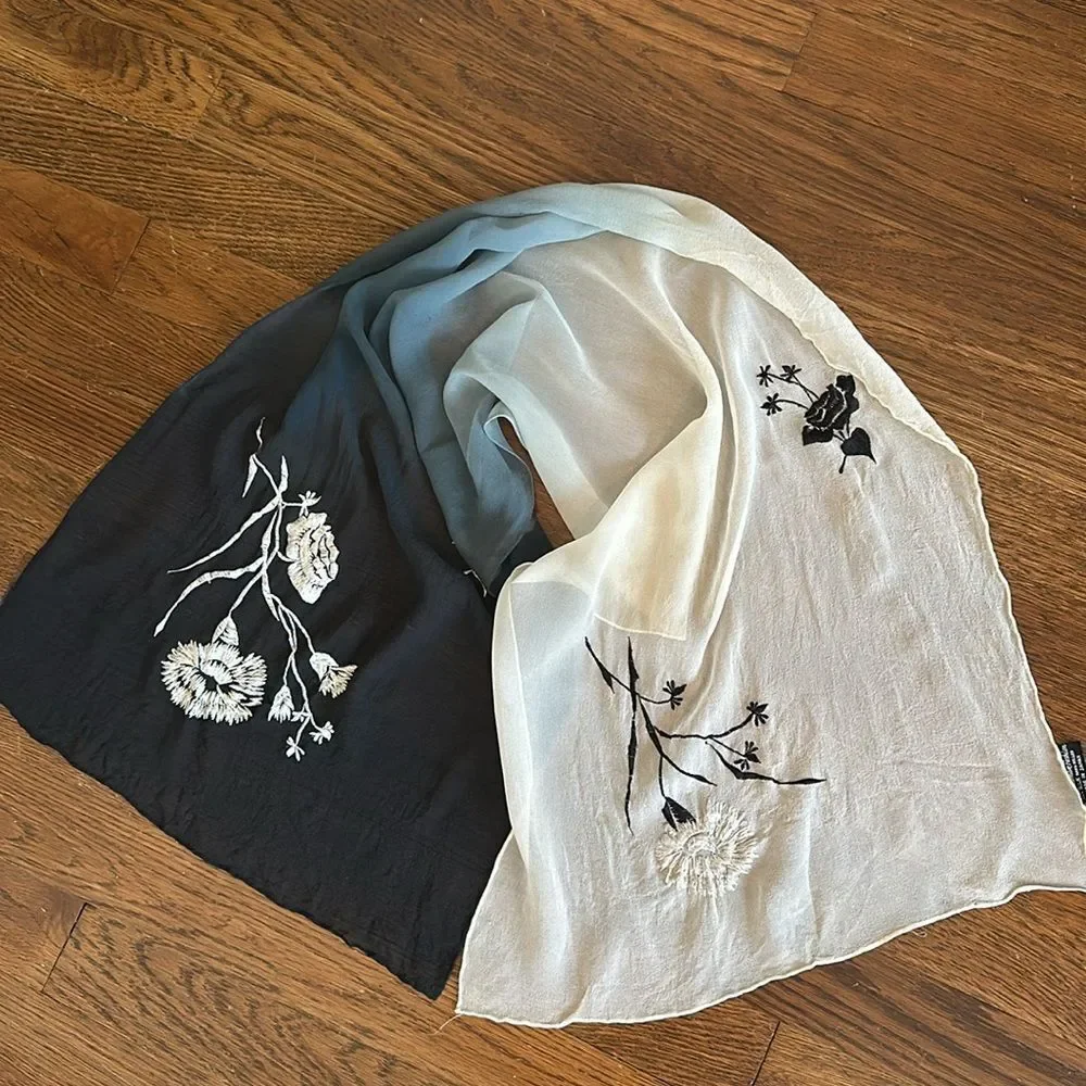 Vintage 60s Ben Goodman black & white‎ silk scarf with embroidered flowers